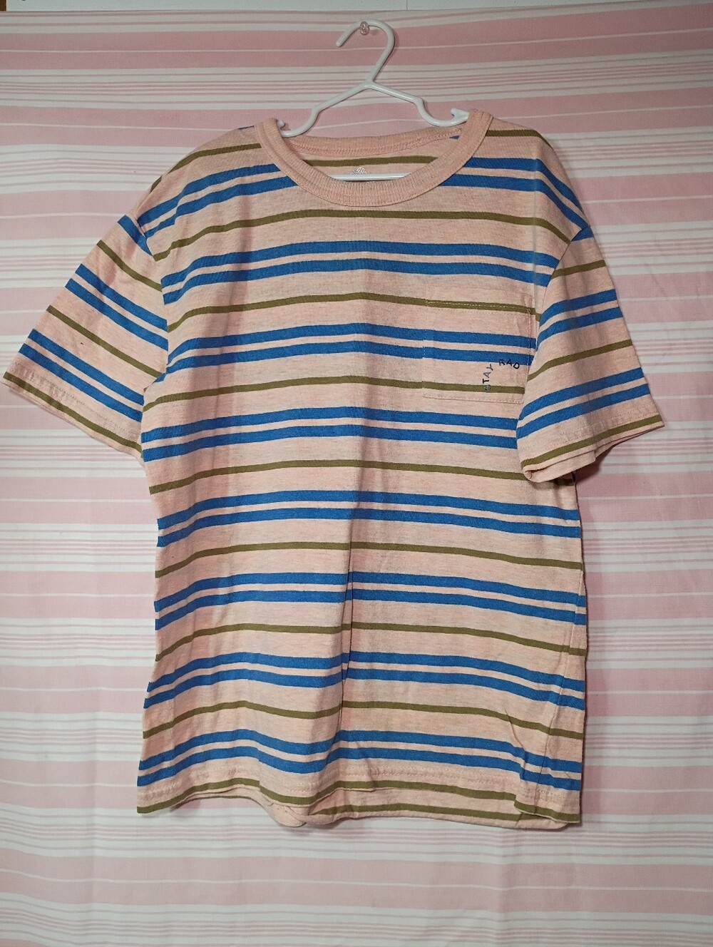 Striped Short-Sleeve Tee in Pink with Blue & Olive Accents